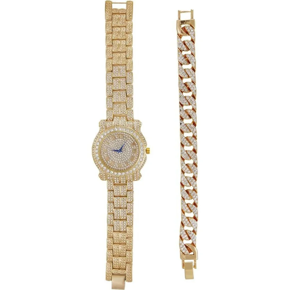 Men's Gold Round Luxury Silver Watch With Bling-ed Out Bracelet L0504b